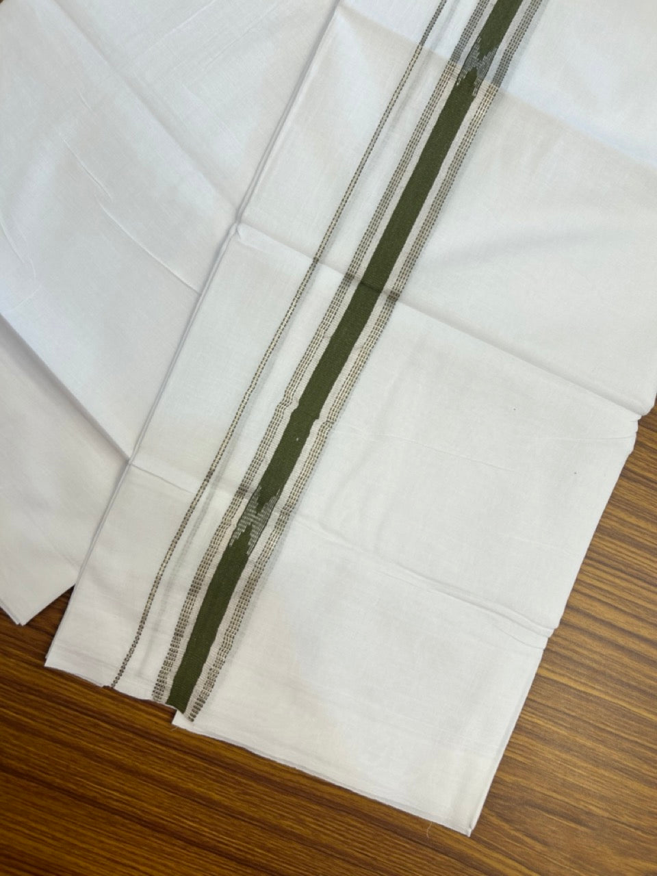 20% Discount ! Kaitharikada Balaramapuram 100% Cotton Pure White Double Mundu/Dothi - 100x80 - 1 inch Olive Green & Silver Kasav Design Kara 3.90 mtr (8 muzham) - 27 KK5285 VAS