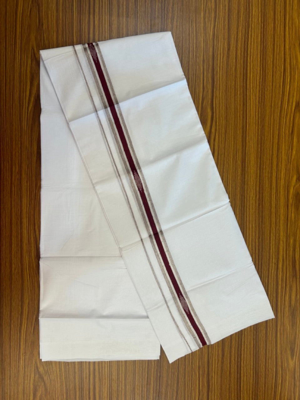 20% Discount ! Kaitharikada Balaramapuram 100% Cotton Pure White Double Mundu/Dothi - 100x80 - 1 inch Maroon & Silver Kasav Design Kara 3.90 mtr (8 muzham) - 29 KK5285 VAS