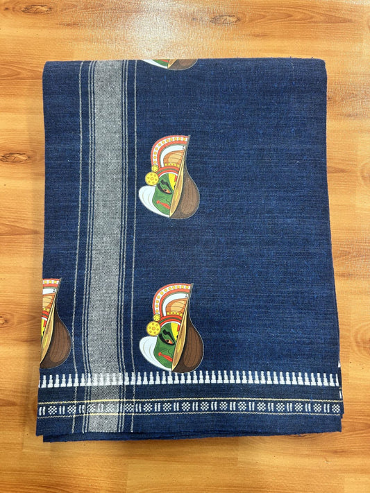 Single Kaily / Lungi - Mixed Cotton - 40s twisted - Kathakali Design Printed Kuppadam 1.75 inch White Stripes Kara with Dark Blue Colour Body (2 meter / 4 muzham) - 18 KK5423 GAN