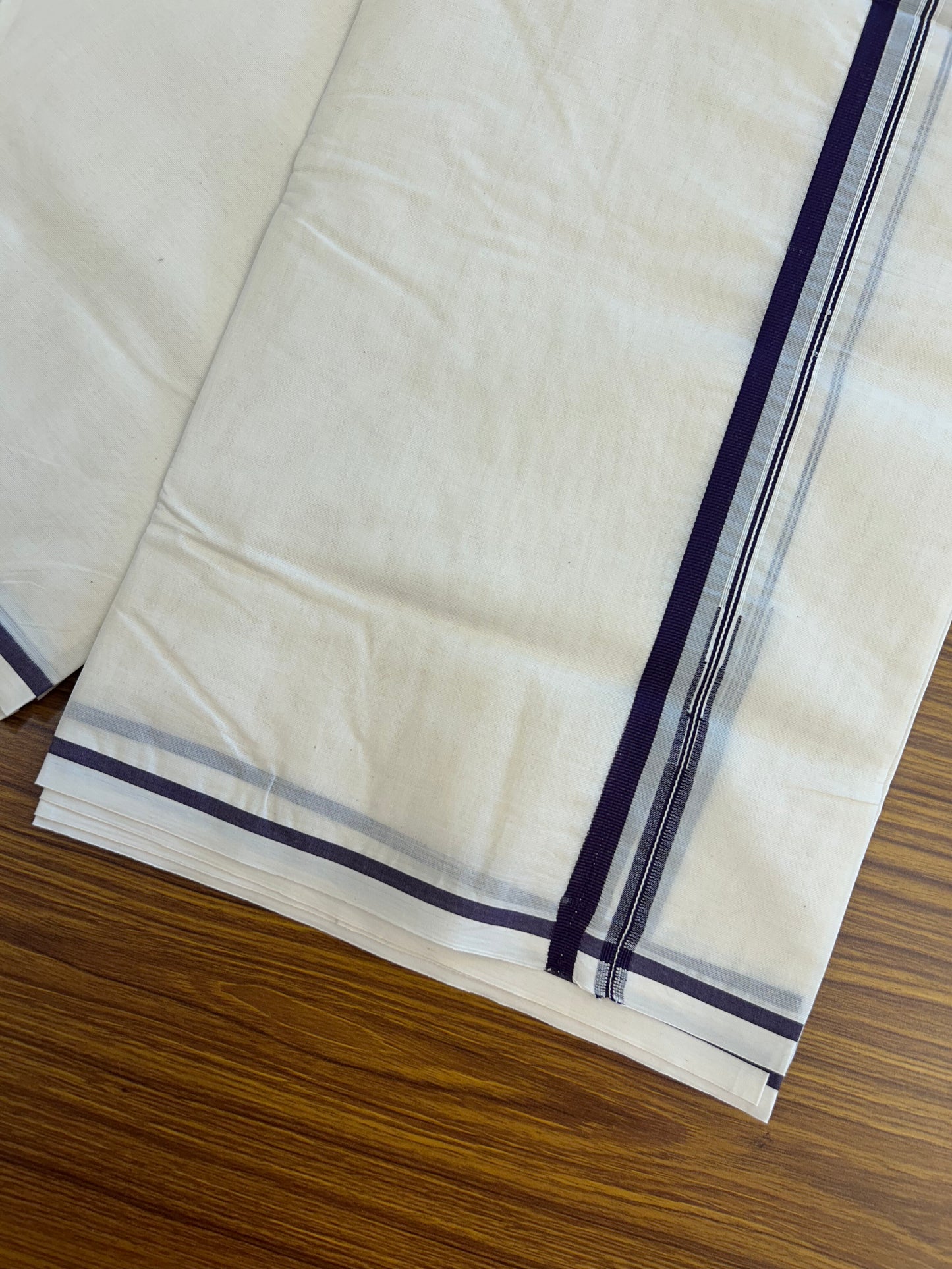 20% Discount !! KaithariKada Balaramapuram 100% Cotton Double Off White - (Unbleached) Mundu/Dhoti- 100X100 - 1 cm Puliyilakkara Deep Violet Chutty Kara (4.25 meter / 9.11 muzham) - 10 KK5373 ASH