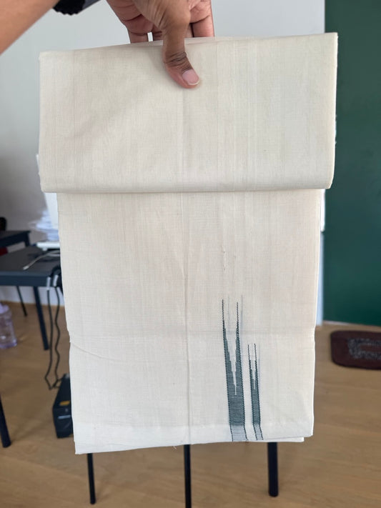 Double Off White (Unbleached) Mundu/Dhoti - 25% Discount!! KaithariKada Handloom Millpaav - 100% Pure Cotton - 80x90 - 0.75 inch Puliyilakkara Dark Green Double Chutty 4 meter (8.5 muzham) - 16 KK5507 RAM