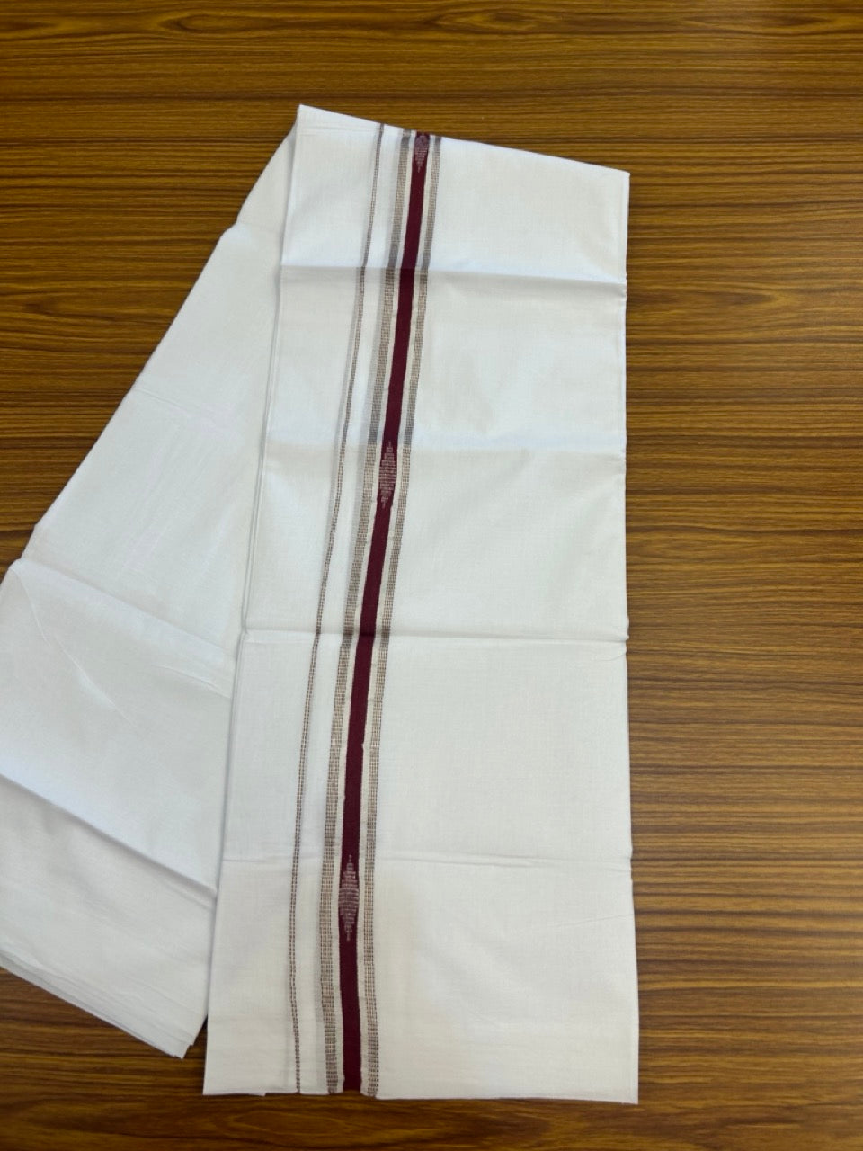 20% Discount ! Kaitharikada Balaramapuram 100% Cotton Pure White Double Mundu/Dothi - 100x80 - 1 inch Maroon & Silver Kasav Design Kara 3.90 mtr (8 muzham) - 29 KK5285 VAS