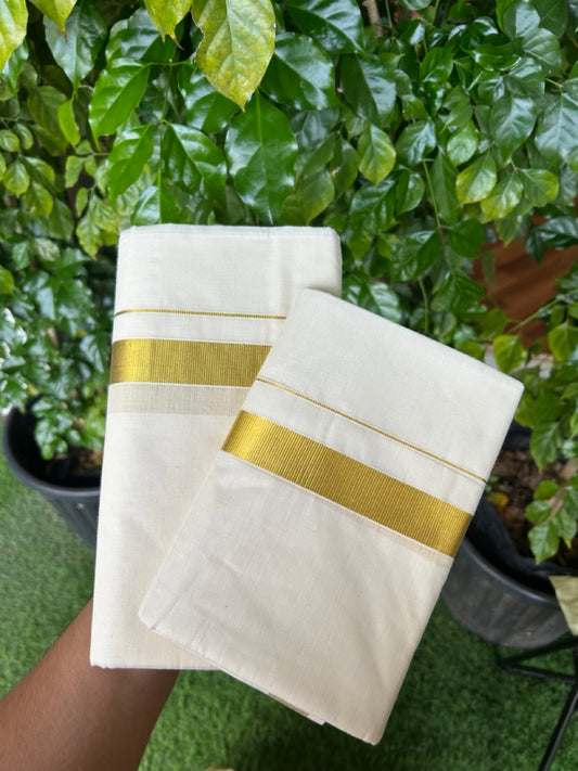 20% Discount!! KaithariKada Balaramapuram - 100% PURE Cotton Off White  (Unbleached) Mundu/Dhoti & Neriyath set - 1 Inch Kasavu Kara - 3KK5213 VIN