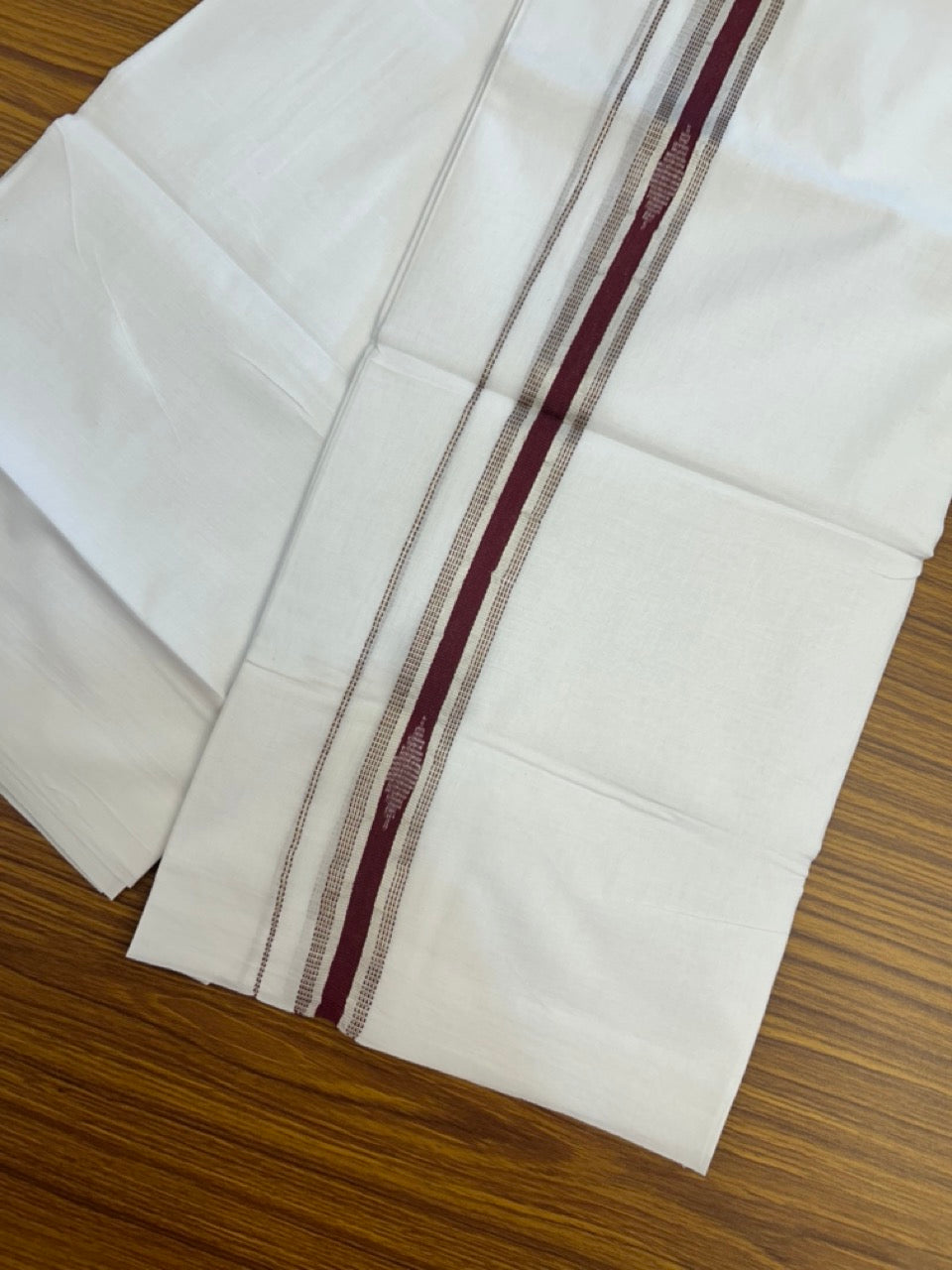 20% Discount ! Kaitharikada Balaramapuram 100% Cotton Pure White Double Mundu/Dothi - 100x80 - 1 inch Maroon & Silver Kasav Design Kara 3.90 mtr (8 muzham) - 29 KK5285 VAS