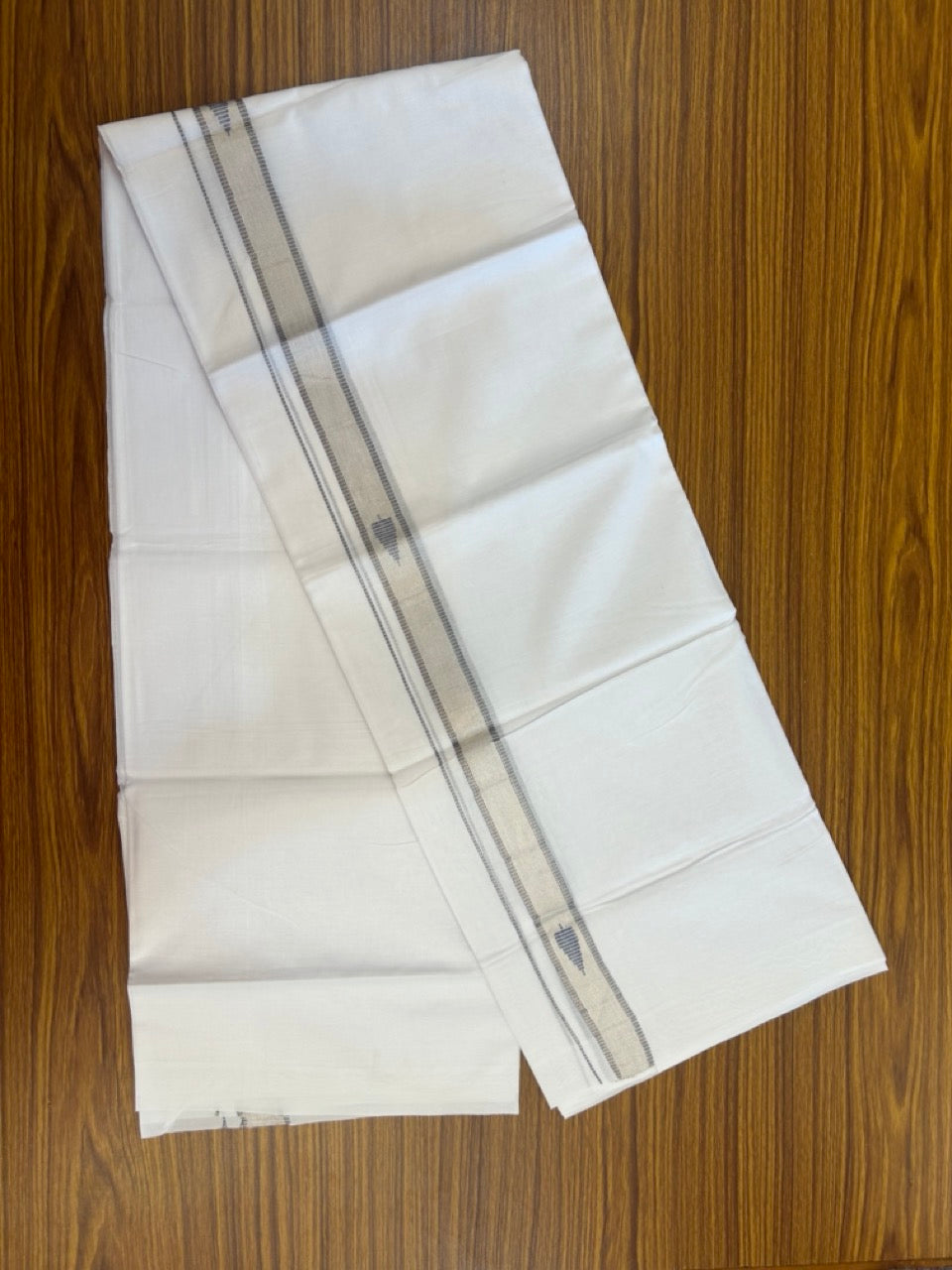 20% Discount ! Kaitharikada Balaramapuram 100% Cotton Pure White Double Mundu/Dothi - 100x80 - 1 inch Ash Blue & Silver Kasav Design Kara 3.90 mtr (8 muzham) - 30 KK5285 VAS