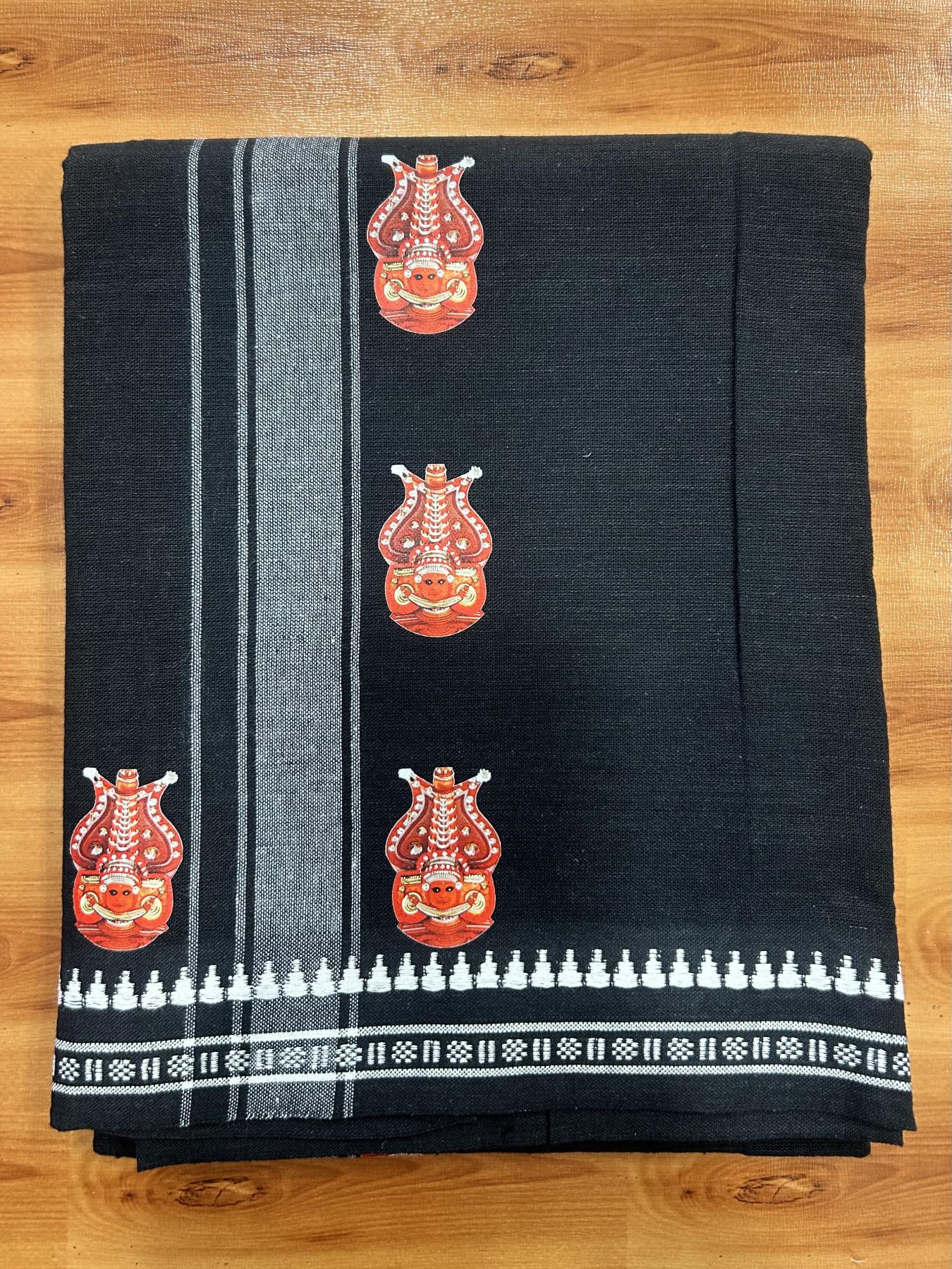Single Kaily / Lungi - Mixed Cotton - 40s twisted - Theyyam Design Printed Kuppadam 2 inch White Stripes Kara with Black Colour Body (2 meter / 4 muzham) - 2 KK5423 GAN