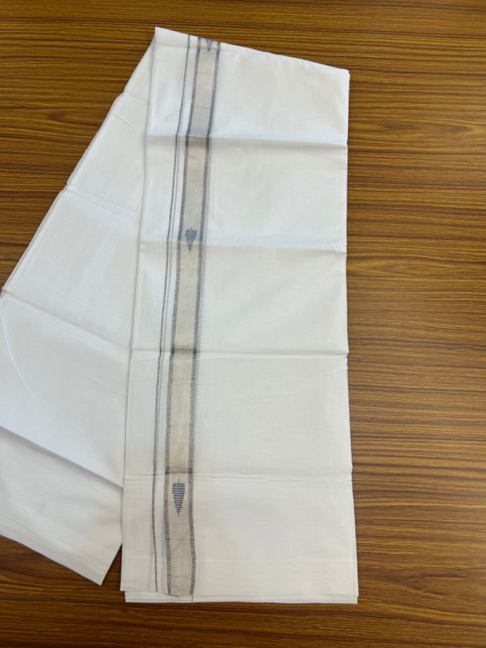 20% Discount ! Kaitharikada Balaramapuram 100% Cotton Pure White Double Mundu/Dothi - 100x80 - 1 inch Ash Blue & Silver Kasav Design Kara 3.90 mtr (8 muzham) - 30 KK5285 VAS