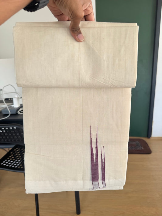 Double Off White (Unbleached) Mundu/Dhoti - 25% Discount!! KaithariKada Handloom Millpaav - 100% Pure Cotton - 80x90 - 0.75 inch Puliyilakkara Wine Purple Double Chutty 4 meter (8.5 muzham) - 15 KK5507 RAM