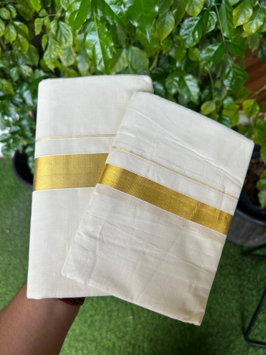 20% Discount!! KaithariKada Balaramapuram - 100% PURE Cotton Off White  (Unbleached) Mundu/Dhoti & Neriyath set - 1.5 Inch Kasavu Kara - 4KK5213 VIN