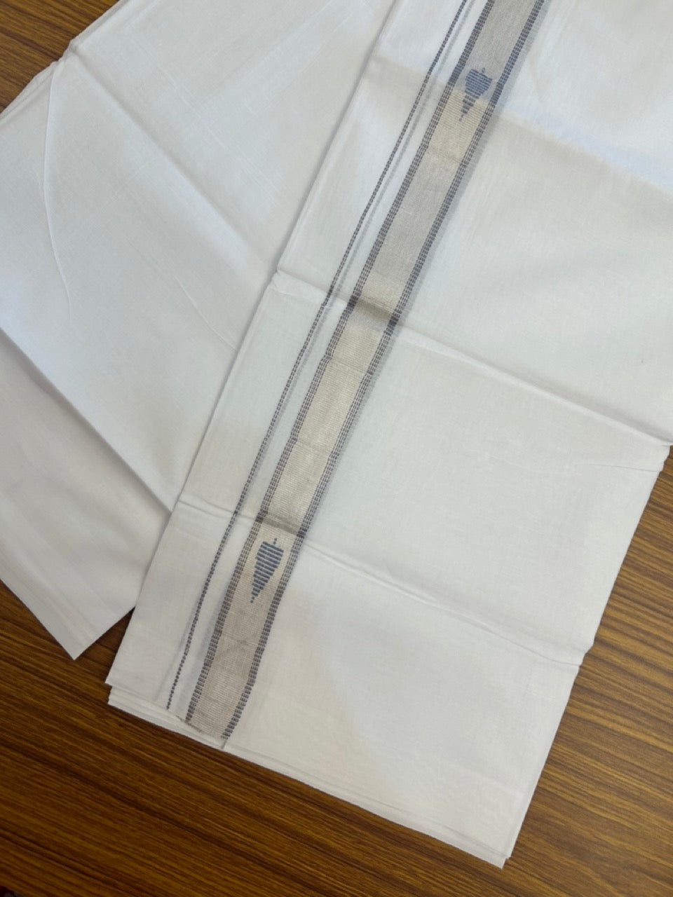 20% Discount ! Kaitharikada Balaramapuram 100% Cotton Pure White Double Mundu/Dothi - 100x80 - 1 inch Ash Blue & Silver Kasav Design Kara 3.90 mtr (8 muzham) - 30 KK5285 VAS