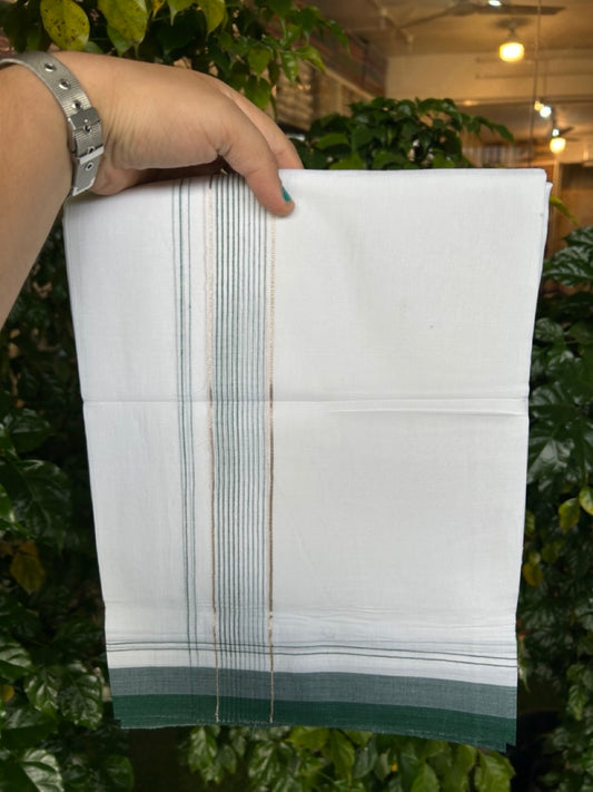 20% Discount ! Kaitharikada Balaramapuram 100% Cotton Pure White Double Mundu/Dothi - 100x80 - 1.75 inch Silver Kasav Light Green & Dark Green Stripes Kara 4 mtr (8.5 muzham) - 23 KK5255 VAS