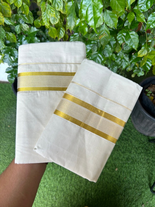 20% Discount!! KaithariKada Balaramapuram - 100% PURE Cotton Off White  (Unbleached) Mundu/Dhoti & Neriyath set - 1.5 Inch Kasavu Stripes Kara - 1KK5213 VIN