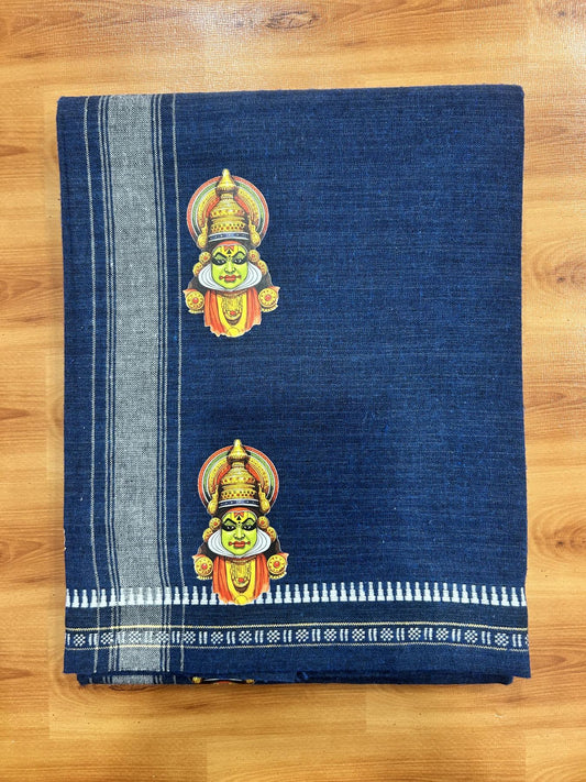 Single Kaily / Lungi - Mixed Cotton - 40s twisted - Kathakali Design Printed Kuppadam 1.75 inch White Stripes Kara with Jeans Blue Colour Body (2 meter / 4 muzham) - 19 KK5423 GAN