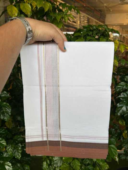 20% Discount ! Kaitharikada Balaramapuram 100% Cotton Pure White Double Mundu/Dothi - 100x80 - 1.75 inch Silver Kasav Brown & Dark Brown Stripes Kara 4 mtr (8.5 muzham) - 27 KK5255 VAS