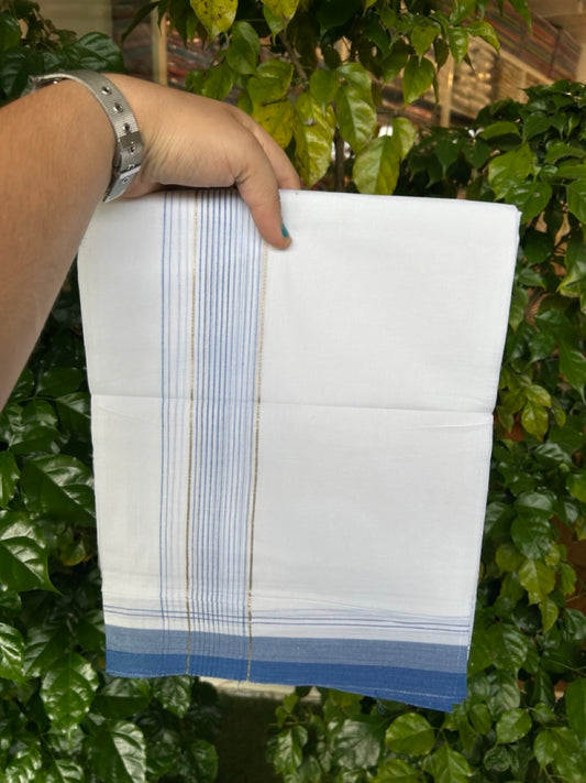 20% Discount ! Kaitharikada Balaramapuram 100% Cotton Pure White Double Mundu/Dothi - 100x80 - 1.75 inch Silver Kasav Light Blue & Dark Blue Stripes Kara 4 mtr (8.5 muzham) - 24 KK5255 VAS