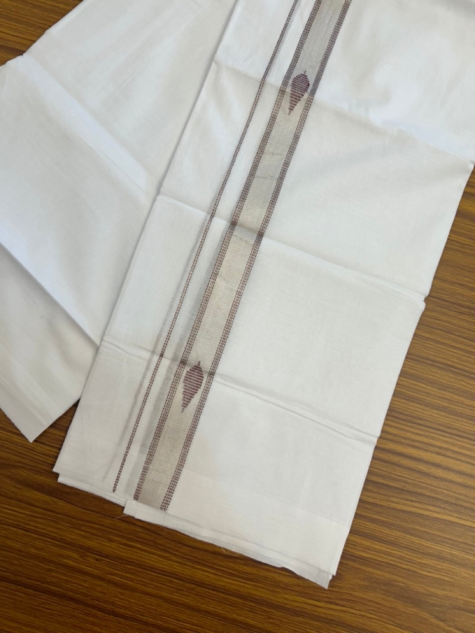 20% Discount ! Kaitharikada Balaramapuram 100% Cotton Pure White Double Mundu/Dothi - 100x80 - 1 inch Maroon & Silver Kasav Design Kara 3.90 mtr (8 muzham) - 31 KK5285 VAS