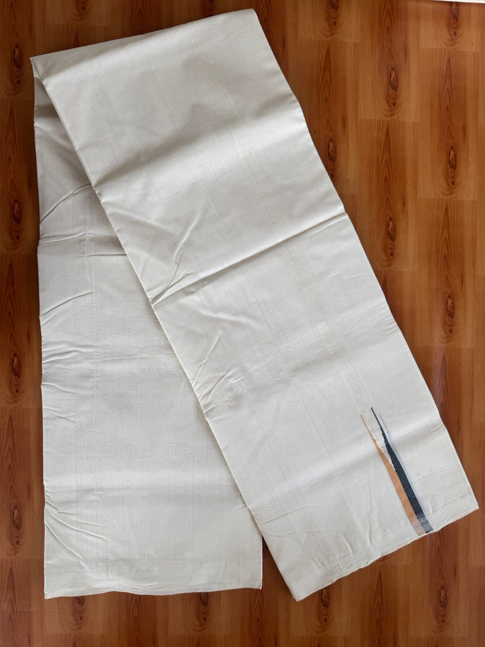 Double Off White (Unbleached) Mundu/Dhoti - 25% Discount!! KaithariKada Handloom Millpaav - 100% Pure Cotton - 80x90 - 0.75 inch Puliyilakkara Black & Light Orange Chutty 4 meter (8.5 muzham) - 11 KK5507 RAM