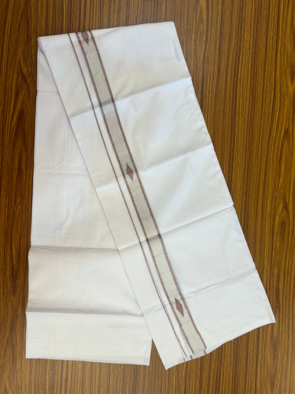 20% Discount ! Kaitharikada Balaramapuram 100% Cotton Pure White Double Mundu/Dothi - 100x80 - 1 inch Maroon & Silver Kasav Design Kara 3.90 mtr (8 muzham) - 32 KK5285 VAS