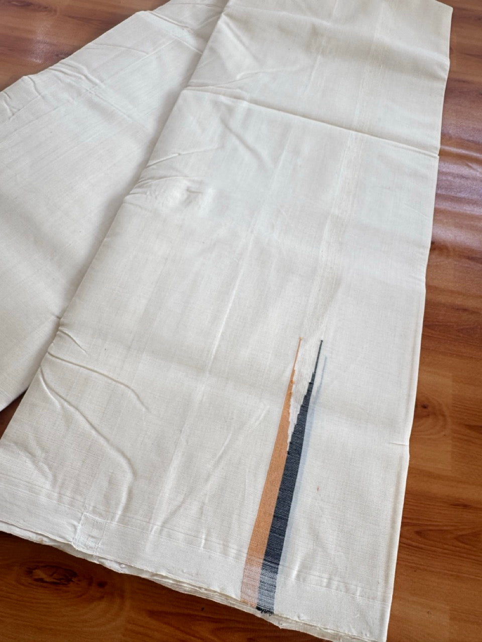 Double Off White (Unbleached) Mundu/Dhoti - 25% Discount!! KaithariKada Handloom Millpaav - 100% Pure Cotton - 80x90 - 0.75 inch Puliyilakkara Black & Light Orange Chutty 4 meter (8.5 muzham) - 11 KK5507 RAM