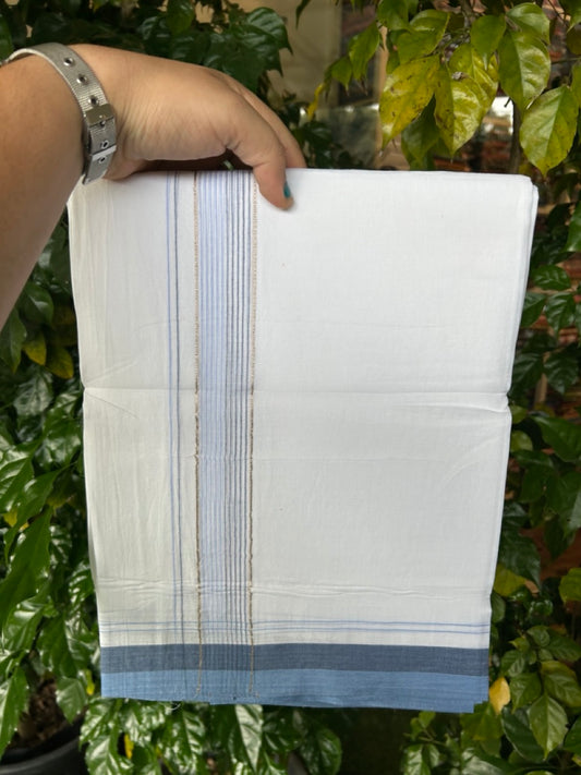 20% Discount ! Kaitharikada Balaramapuram 100% Cotton Pure White Double Mundu/Dothi - 100x80 - 1.75 inch Silver Kasav Light Blue & Dark Blue Stripes Kara 4 mtr (8.5 muzham) - 25 KK5255 VAS