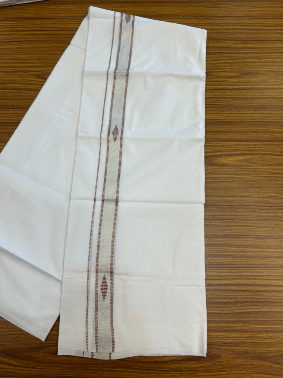 20% Discount ! Kaitharikada Balaramapuram 100% Cotton Pure White Double Mundu/Dothi - 100x80 - 1 inch Maroon & Silver Kasav Design Kara 3.90 mtr (8 muzham) - 32 KK5285 VAS