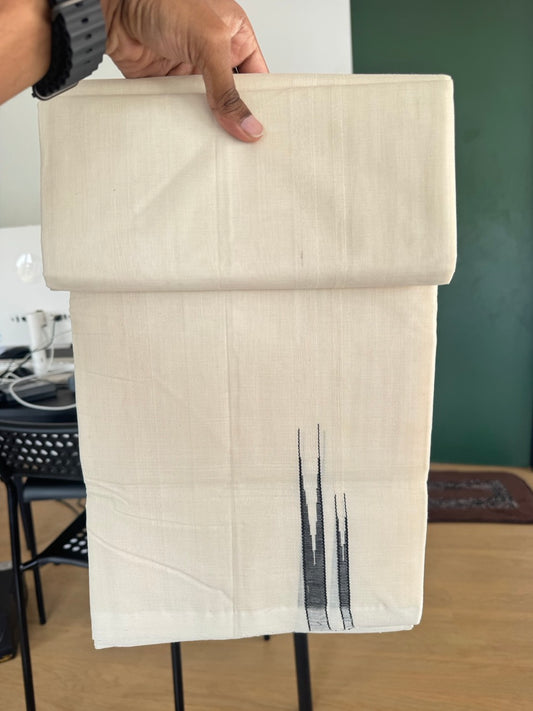 Double Off White (Unbleached) Mundu/Dhoti - 25% Discount!! KaithariKada Handloom Millpaav - 100% Pure Cotton - 80x90 - 0.75 inch Puliyilakkara Black Double Chutty 4 meter (8.5 muzham) - 12 KK5507 RAM