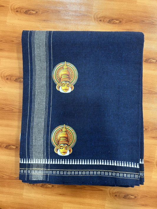 Single Kaily / Lungi - Mixed Cotton - 40s twisted - Kathakali Design Printed Kuppadam 1.75 inch White Stripes Kara with Jeans Blue Colour Body (2 meter / 4 muzham) - 20 KK5423 GAN
