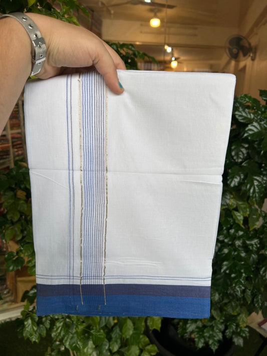 20% Discount ! Kaitharikada Balaramapuram 100% Cotton Pure White Double Mundu/Dothi - 100x80 - 1.75 inch Silver Kasav Navy Blue & Royal Blue Stripes Kara 4 mtr (8.5 muzham) - 21 KK5255 VAS
