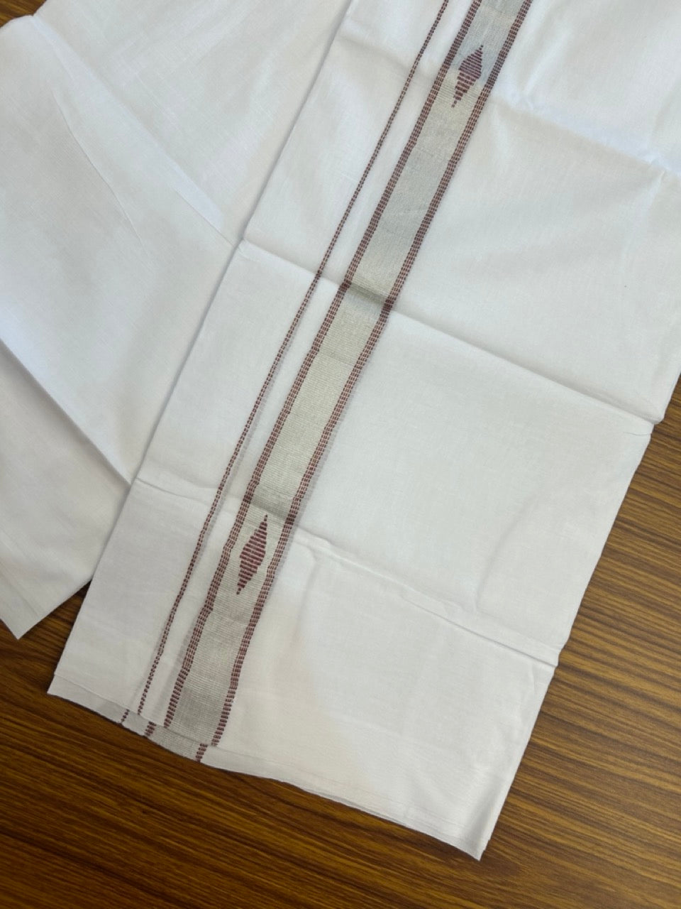 20% Discount ! Kaitharikada Balaramapuram 100% Cotton Pure White Double Mundu/Dothi - 100x80 - 1 inch Maroon & Silver Kasav Design Kara 3.90 mtr (8 muzham) - 32 KK5285 VAS