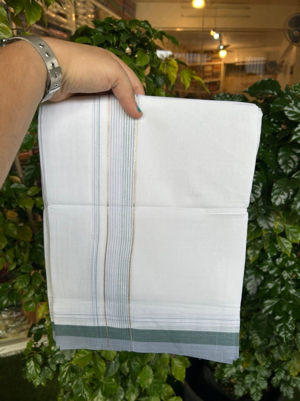 20% Discount ! Kaitharikada Balaramapuram 100% Cotton Pure White Double Mundu/Dothi - 100x80 - 1.75 inch Silver Kasav Dark Green & Light Ash Blue Stripes Kara 4 mtr (8.5 muzham) - 22 KK5255 VAS