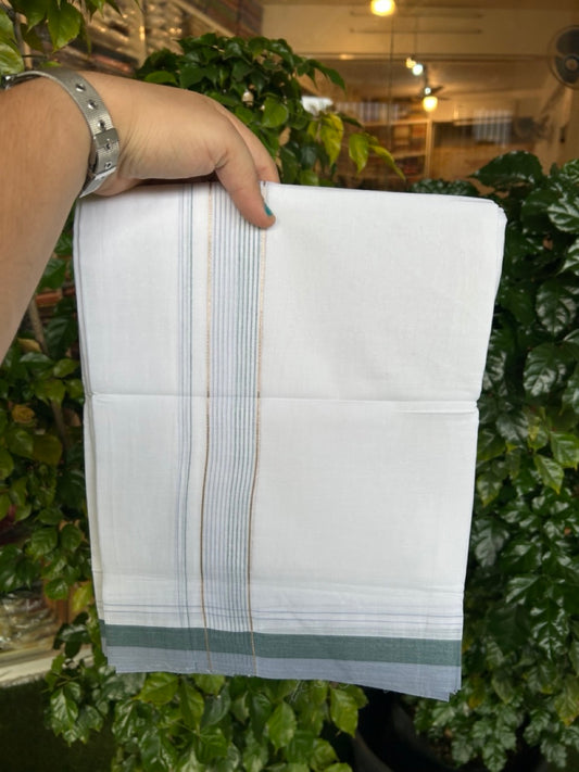 20% Discount ! Kaitharikada Balaramapuram 100% Cotton Pure White Double Mundu/Dothi - 100x80 - 1.75 inch Silver Kasav Dark Green & Light Ash Blue Stripes Kara 4 mtr (8.5 muzham) - 22 KK5255 VAS