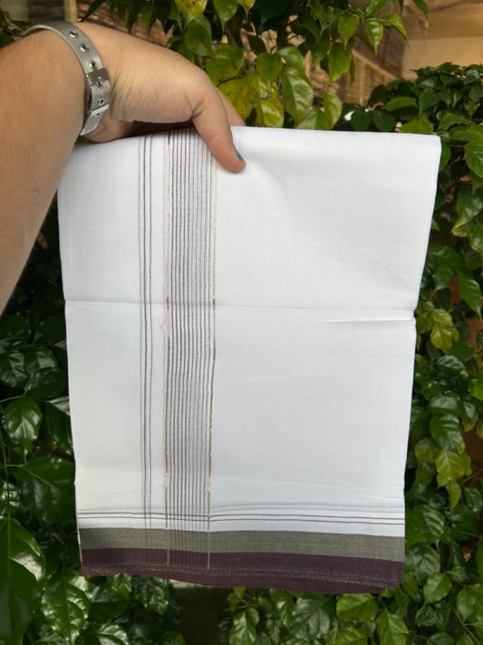 20% Discount ! Kaitharikada Balaramapuram 100% Cotton Pure White Double Mundu/Dothi - 100x80 - 1.75 inch Silver Kasav Sage Green & Wine Purple Stripes Kara 4 mtr (8.5 muzham) - 20 KK5255 VAS