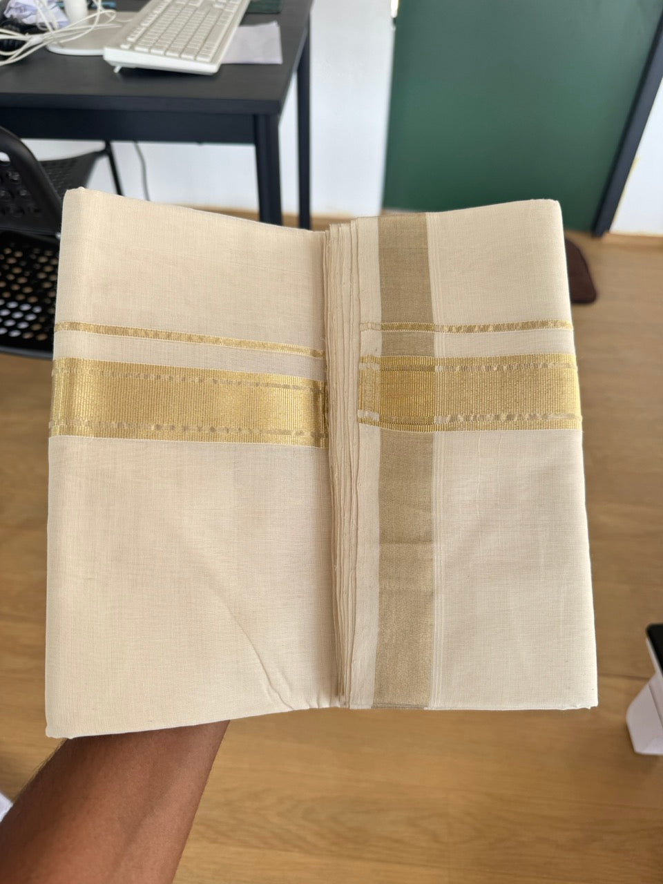 Off White (Unbleached) Double Mundu/Dhoti - 25% Discount!! KaithariKada Handloom Unakkupaav - Kerala Handloom - 100% Pure Cotton - 80x90 - 1.5 inch Antique Light Gold Kasav Stripes Kara 4 Meters (8.5 Muzham) - 21 KK5507 RAM