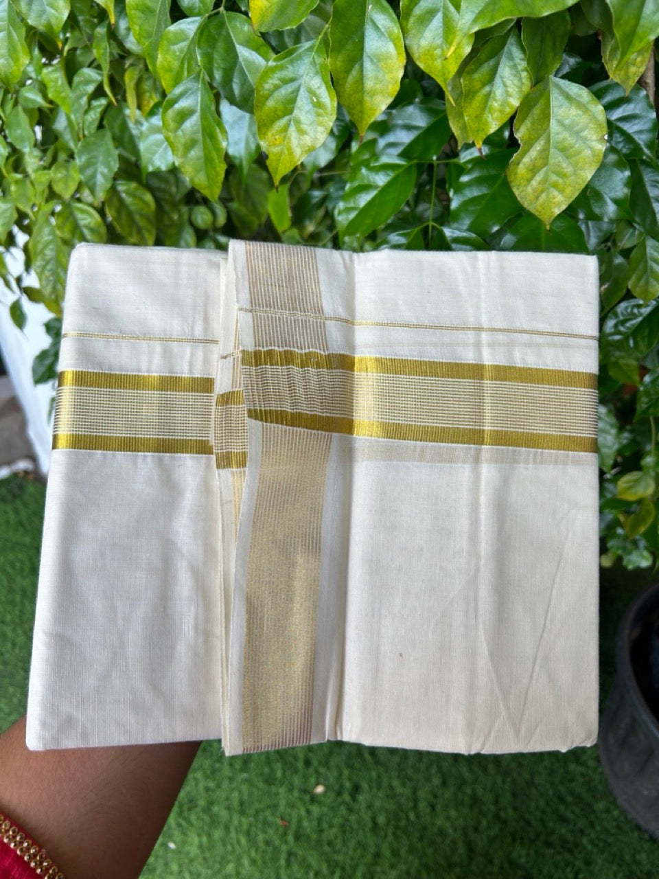 20% Discount !! KaithariKada Balaramapuram 100% Cotton Double Off white - (Unbleached) Mundu/Dhoti - 80x90 - 1.5 inch Kasavu Stripes Kara - 36KK5212 VIN