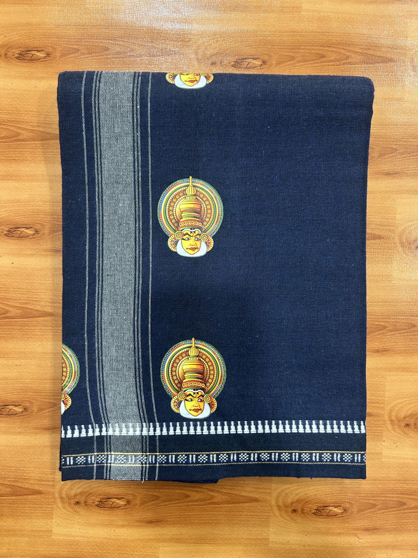 Single Kaily / Lungi - Mixed Cotton - 40s twisted - Kathakali Design Printed Kuppadam 2 inch White Stripes Kara with Navy Blue Colour Body (2 meter / 4 muzham) - 22 KK5423 GAN