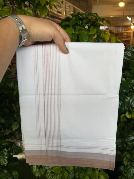 20% Discount ! Kaitharikada Balaramapuram 100% Cotton Pure White Double Mundu/Dothi - 100x80 - 1.75 inch Silver Kasav Pestel Grey & Light Brown Stripes Kara 4 mtr (8.5 muzham) - 18 KK5255 VAS