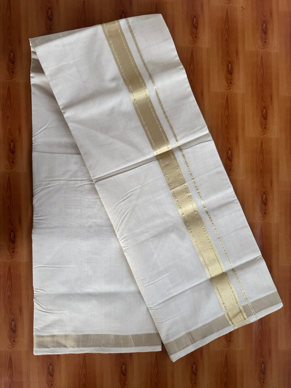 Off White (Unbleached) Double Mundu/Dhoti - 25% Discount!! KaithariKada Handloom Unakkupaav - Kerala Handloom - 100% Pure Cotton - 80x90 - 1.5 inch Antique Light Gold Kasav Stripes Kara 4 Meters (8.5 Muzham) - 21 KK5507 RAM
