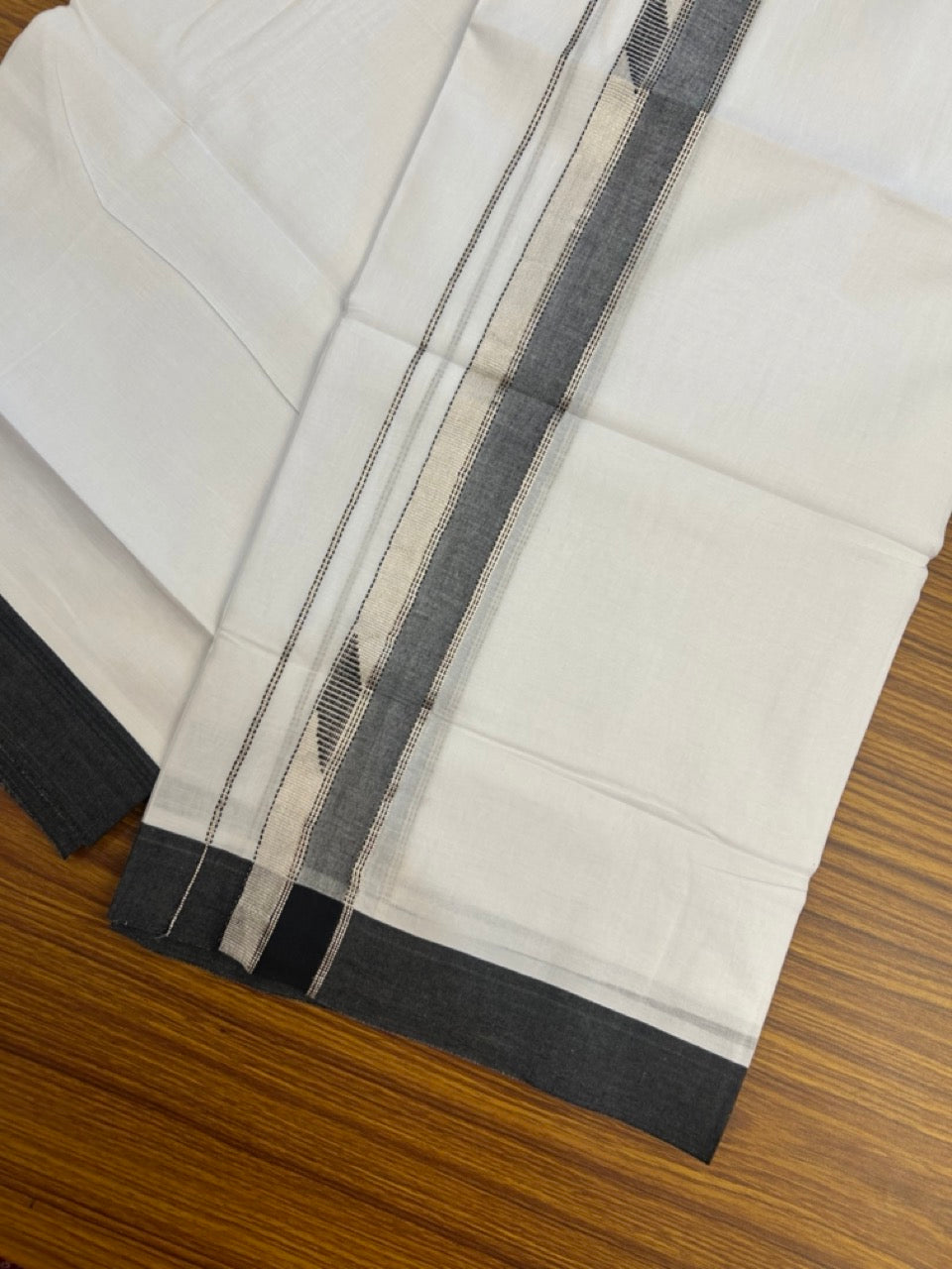20% Discount ! Kaitharikada Balaramapuram 100% Cotton Pure White Double Mundu/Dothi - 100x80 - 1.5 inch Black & Silver Kasav Design Kara 3.90 mtr (8 muzham) - 33 KK5285 VAS