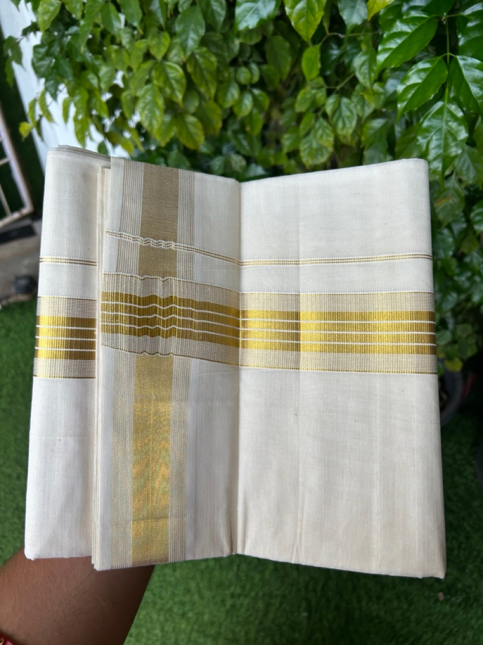 20% Discount !! KaithariKada Balaramapuram 100% Cotton Double Off white - (Unbleached) Mundu/Dhoti - 80x90 - 1.75 inch Kasavu Stripes Kara - 35KK5212 VIN