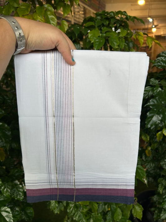 20% Discount ! Kaitharikada Balaramapuram 100% Cotton Pure White Double Mundu/Dothi - 100x80 - 1.75 inch Silver Kasav Navy Blue & Magenta Stripes Kara 4 mtr (8.5 muzham) - 19 KK5255 VAS