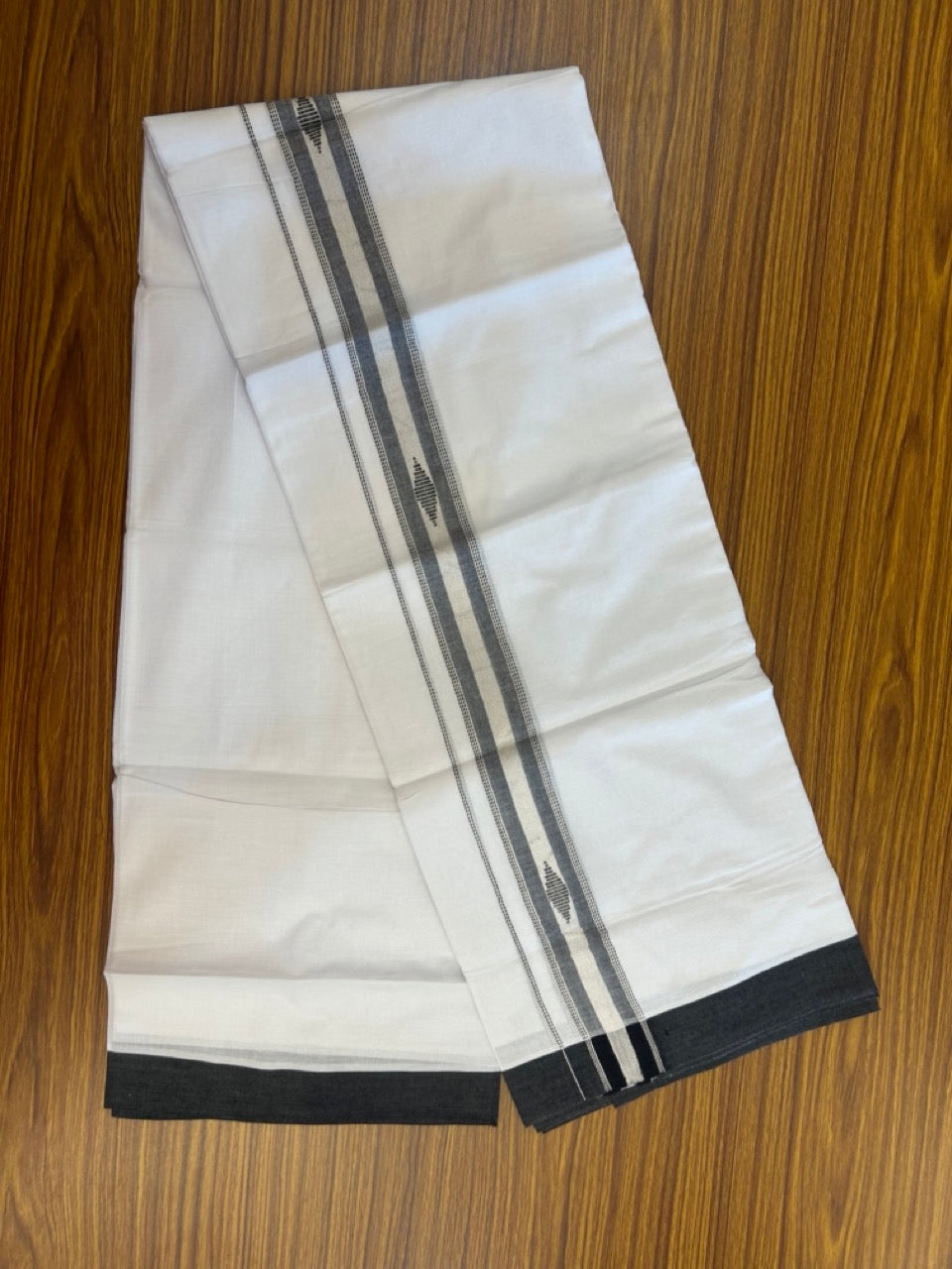 20% Discount ! Kaitharikada Balaramapuram 100% Cotton Pure White Double Mundu/Dothi - 100x80 - 1.5 inch Black & Silver Kasav Design Kara 3.90 mtr (8 muzham) - 34 KK5285 VAS