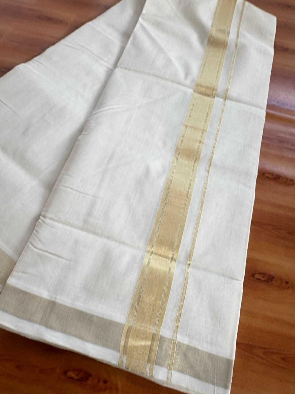 Off White (Unbleached) Double Mundu/Dhoti - 25% Discount!! KaithariKada Handloom Unakkupaav - Kerala Handloom - 100% Pure Cotton - 80x90 - 1.5 inch Antique Light Gold Kasav Stripes Kara 4 Meters (8.5 Muzham) - 21 KK5507 RAM
