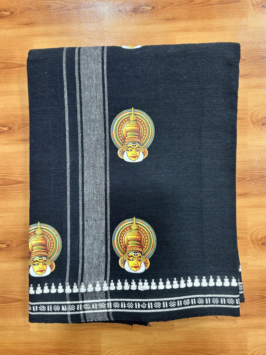 Single Kaily / Lungi - Mixed Cotton - 40s twisted - Kathakali Design Printed Kuppadam 2 inch White Stripes Kara with Dark Navy Blue Colour Body (2 meter / 4 muzham) - 16 KK5423 GAN