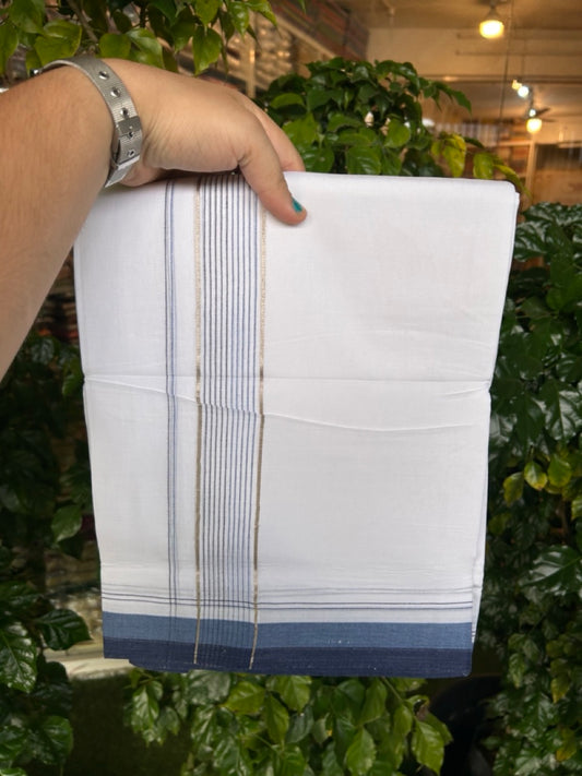 20% Discount ! Kaitharikada Balaramapuram 100% Cotton Pure White Double Mundu/Dothi - 100x80 - 1.75 inch Silver Kasav Light Ash Blue & Navy Blue Stripes Kara 4 mtr (8.5 muzham) - 26 KK5255 VAS