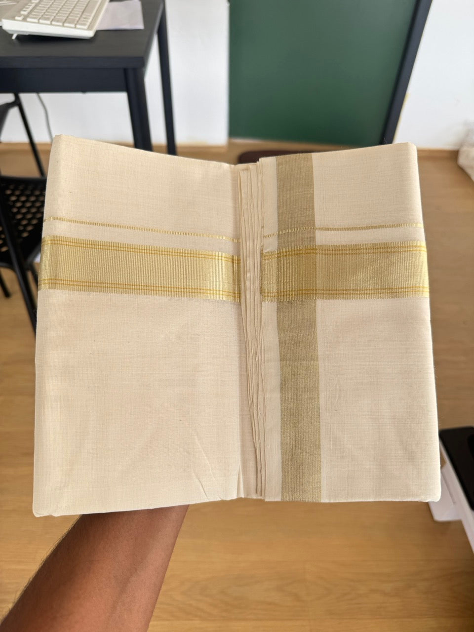 Off White (Unbleached) Double Mundu/Dhoti - 25% Discount!! KaithariKada Handloom Unakkupaav - Kerala Handloom - 100% Pure Cotton - 80x90 - 1.75 inch Antique Light Gold Kasav Stripes Kara 4 Meters (8.5 Muzham) - 20 KK5507 RAM