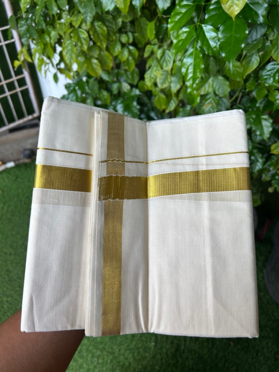 20% Discount !! KaithariKada Balaramapuram 100% Cotton Double Off white - (Unbleached) Mundu/Dhoti - 80x72 - 1 inch Kasavu Kara - 32KK5212 VIN