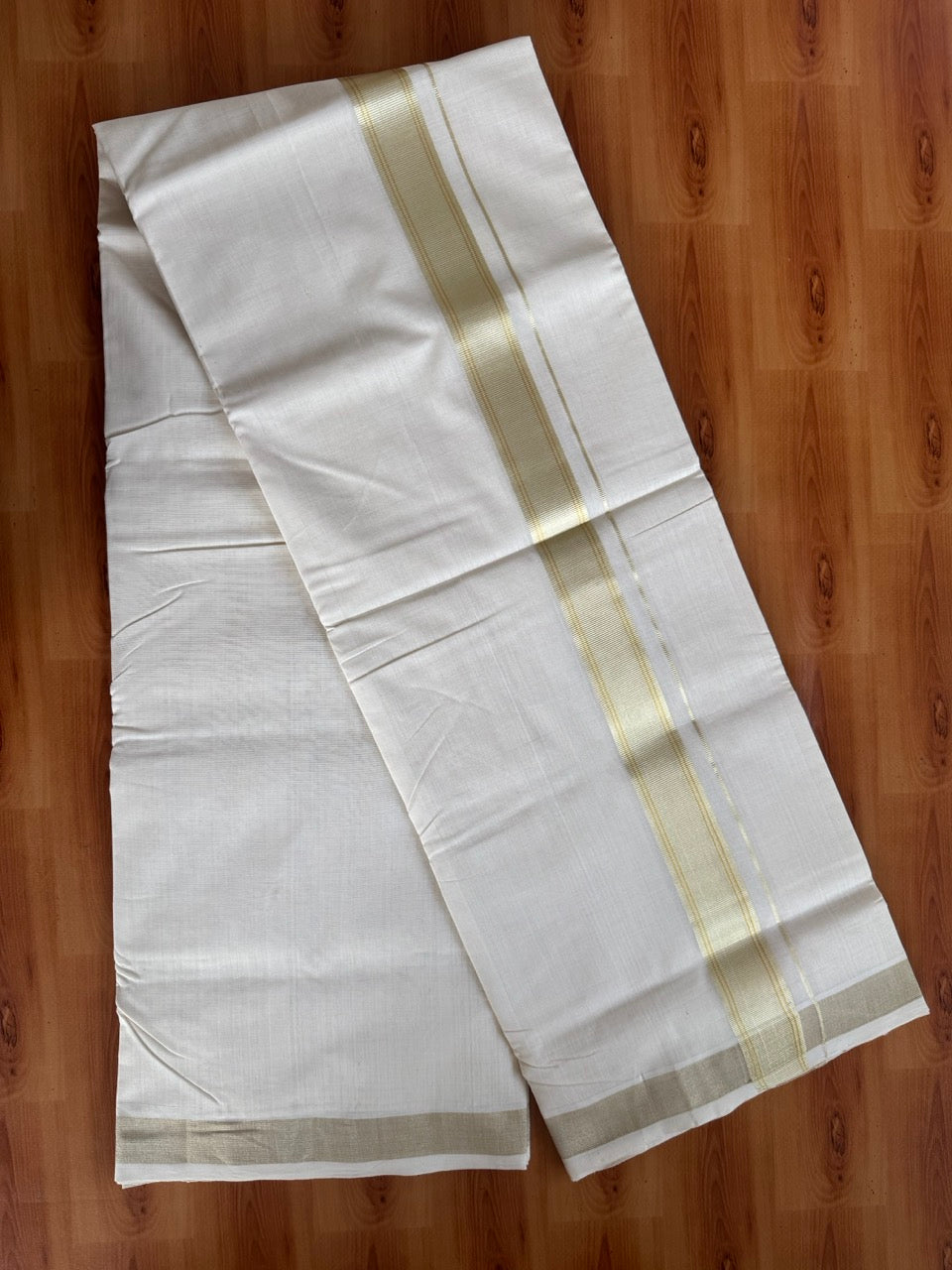 Off White (Unbleached) Double Mundu/Dhoti - 25% Discount!! KaithariKada Handloom Unakkupaav - Kerala Handloom - 100% Pure Cotton - 80x90 - 1.75 inch Antique Light Gold Kasav Stripes Kara 4 Meters (8.5 Muzham) - 20 KK5507 RAM