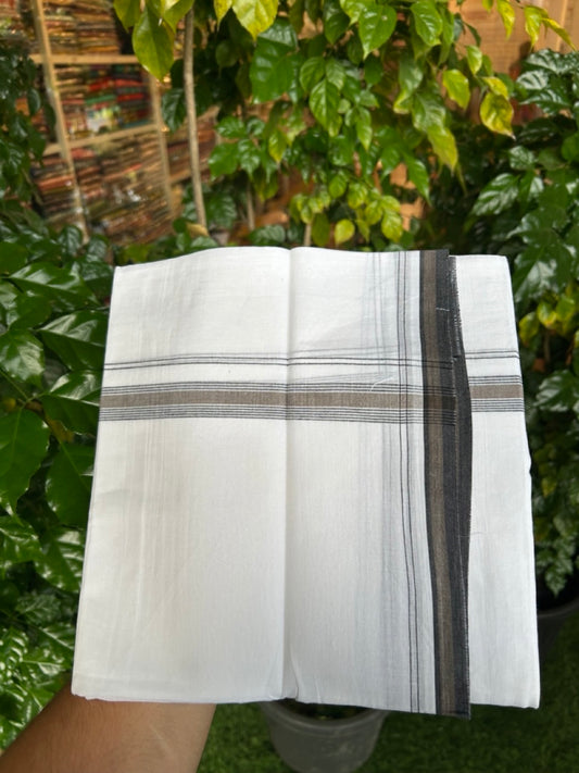 20% Discount ! Kaitharikada Balaramapuram 100% Cotton Pure White Double Mundu/Dothi - 100x80 - 0.75 inch Brown & Black Stripes Kara 4 mtr (8.5 muzham) - 3 KK5255 VAS