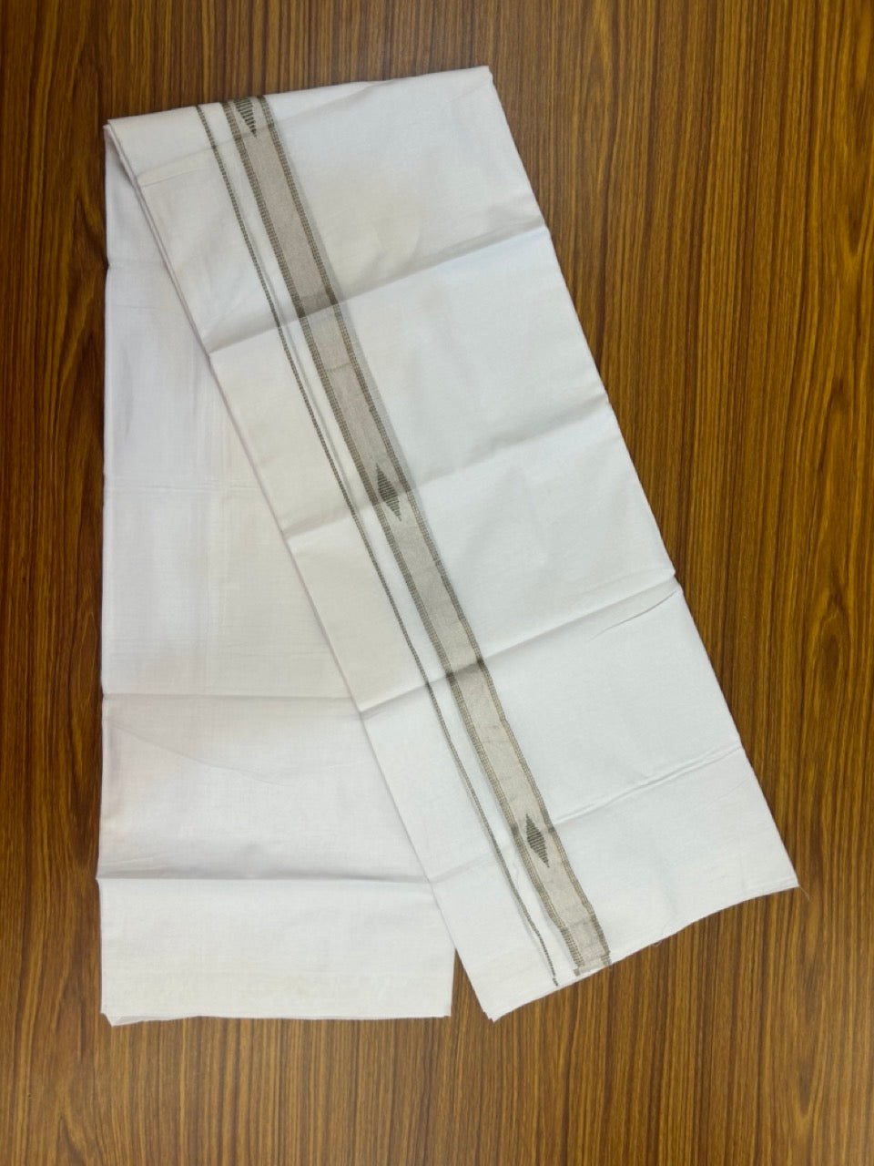 20% Discount ! Kaitharikada Balaramapuram 100% Cotton Pure White Double Mundu/Dothi - 100x80 - 1 inch Olive Green & Silver Kasav Design Kara 3.90 mtr (8 muzham) - 35 KK5285 VAS