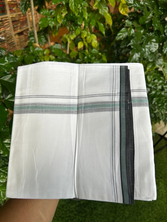 20% Discount ! Kaitharikada Balaramapuram 100% Cotton Pure White Double Mundu/Dothi - 100x80 - 0.75 inch Teal Green & Black Stripes Kara 4 mtr (8.5 muzham) - 2 KK5255 VAS